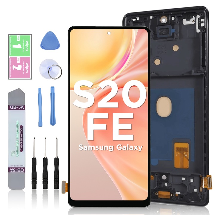 LCD дисплей за Samsung Galaxy S20 FE 5G, сензорен екран, LL TRADER, смяна на екрана, високо качество, с рамка, черен, с инструменти за ремонт