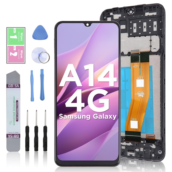 LCD дисплей за Samsung Galaxy A14 4G, сензорен екран, LL TRADER, смяна на екрана, високо качество, с рамка, черен, с инструменти за ремонт
