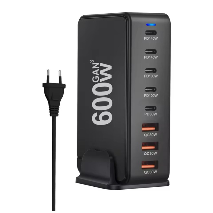 Statie de Incarcare Rapida 600W GaN III 8-in-1 QUANDES®, 5 USB-C PD 140W, 100W, 30W & 3 USB-A, Compatibila cu Laptop, MacBook, iPhone 16/15/14/13 si Android S24/S23/s22 Portabila