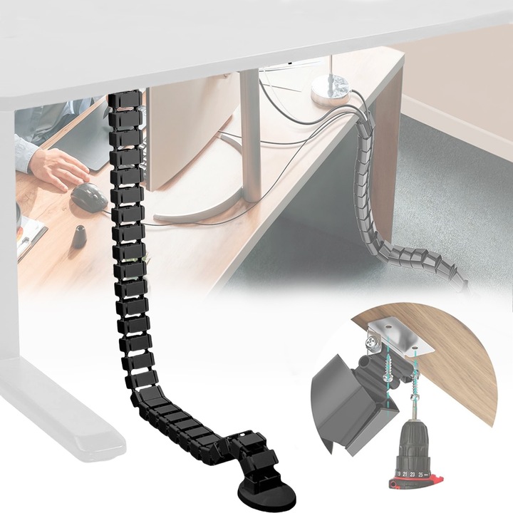 Tub pentru protectie cabluri si organizator de cabluri, Puepoul, Sub birou, Diametru 6.8 mm, Lungime 1 m, Usor de instalat, Flexibil, Economisitor de spatiu, Potrivit pentru casa si birou, ABS, Negru