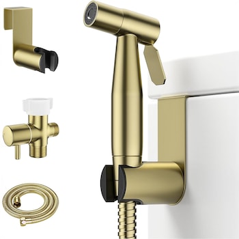 Set Dus Igienic Elindor® pentru Igiena Intima, Baterie Bideu si WC din Otel Inoxidabil, Adaptor T + Furtun Flexibil + Para + Agatatoare, Presiune Reglabila, Filet 1/2, Auriu