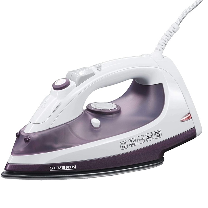 Fier de calcat Severin, calcare pe orizontala si verticala, ideal pentru toate tipurile de material, rezervor 330 ml, talpa din ceramica, jet de aburi puternic, filtru anticalcar, autocuratare, functie anti-picurare, control temperatura, mov
