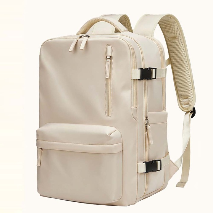 Rucsac de calatorie multifunctional, Rivinan, port USB, capacitate mare si extensibila, compartiment incaltaminte si umed, impermeabil si rezistent la uzura, spate respirabil, potrivit pentru laptop pana la 16", alb murdar