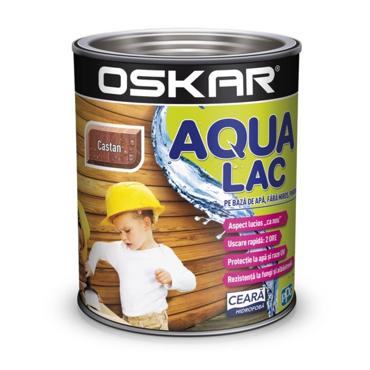 Лак за дърво Oskar Aqua Varnish, кестен, на водна основа, интериор/екстериор, 2.5 L