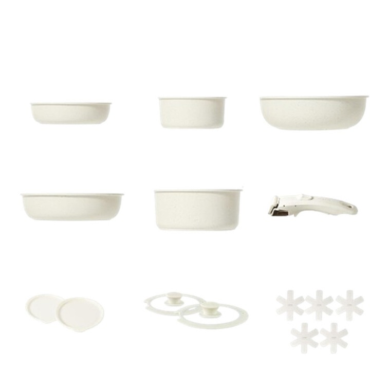 Комплект тенджера и тиган, 17 части, EUJAM, гранит, незалепващо покритие, подвижна дръжка, бежов