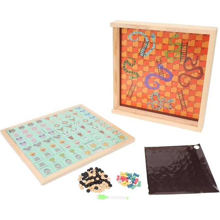Joc 5 in 1 din lemn cu tabla magnetica, LUDO, Perechi, sah GO si Sarpe, 3+ ani