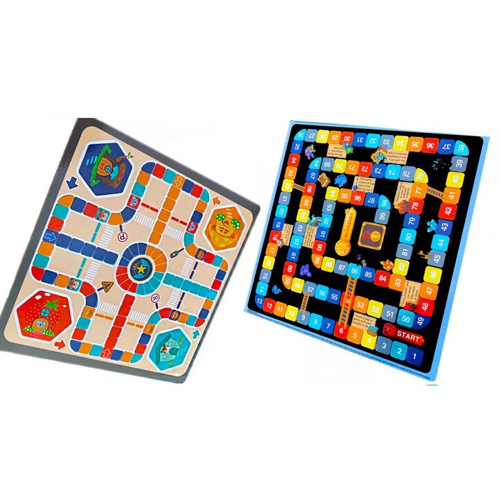Tabla educativa din lemn, fata-verso, cu doua jocuri, Ludo si Scarilor 3+ ani
