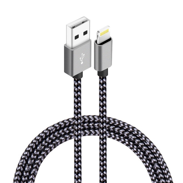 Cablu de incarcare rapida MFi, Firsting, USB A la Lightning, 3m, gri inchis, 2.4A, nylon impletit