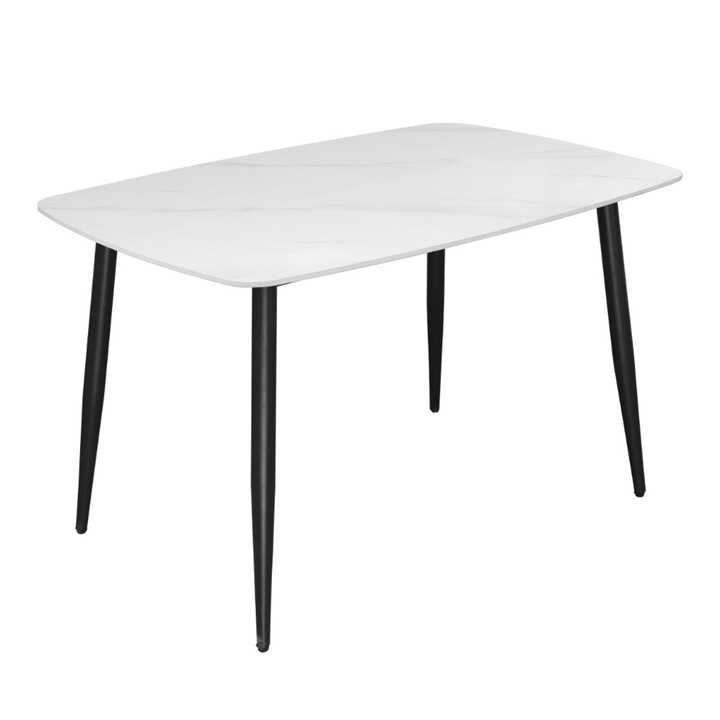 Masa DENVER Viena, blat ceramic sintered stone alb, picioare metalice vopsite negru, 120x80x73 cm