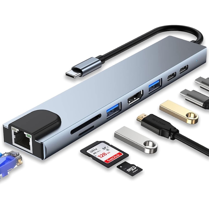 Hub Adapter Multiport 8 az 1-ben USB-C Velixo®, 1 x Ethernet, 1 x USB 3.0, 1 x HDMI 4K / 30 Hz, tápellátási port 87 W, SD és Micro SD kártyaolvasó, dokkoló állomás laptophoz, MacBook Air / Pro, Chromebook, táblagép, alumínium, szürke