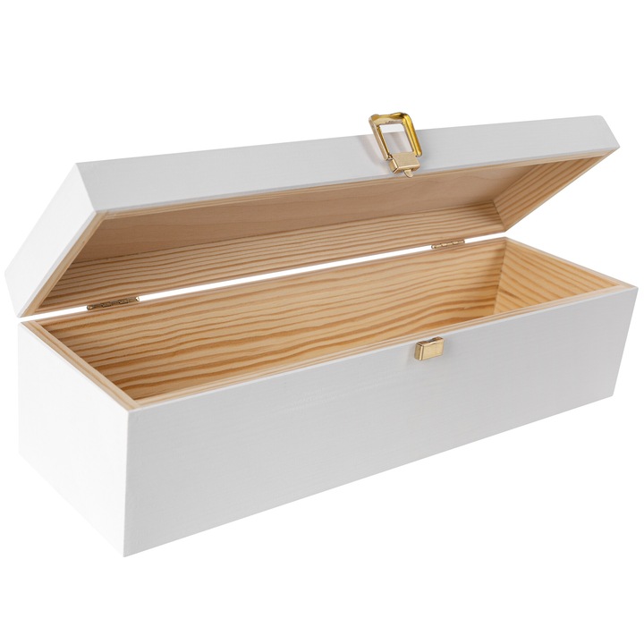 Cutie din lemn alb pentru sticla de vin, Creative Deco, 35,1 x 11 x 9,8 cm, Suport pentru 1 sticla de 0,7 L, Design vintage cu capac si inchidere, Cutie eleganta pentru cadou de vin