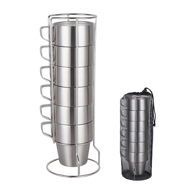 Set 6 cani din otel inoxidabil 304, cu suport, izolatie dubla, negru, 11.5x11.5x32.5cm