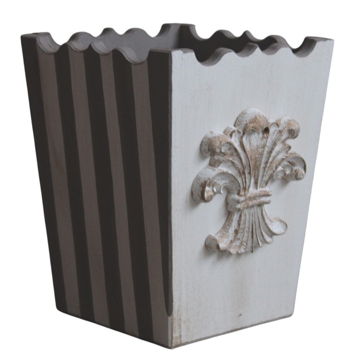 Suport din lemn pictat manual, ornament de lemn, gri vintage si alb, pentru ustensile de bucatarie, produse baie, inaltime 20 cm