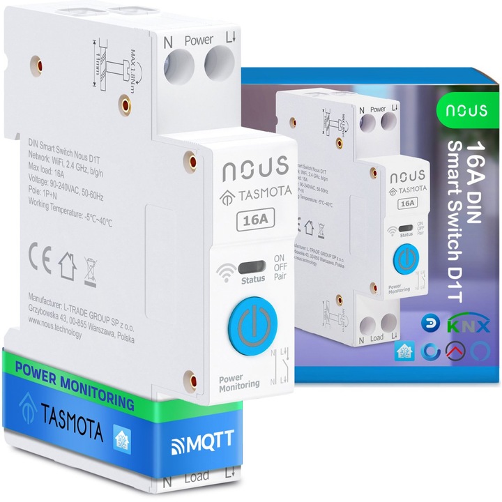 Siguranta electrica inteligenta Nous D1T, 16A, Tasmota, 1 canal, Monitorizare energie, montare pe sina DIN, ESP32