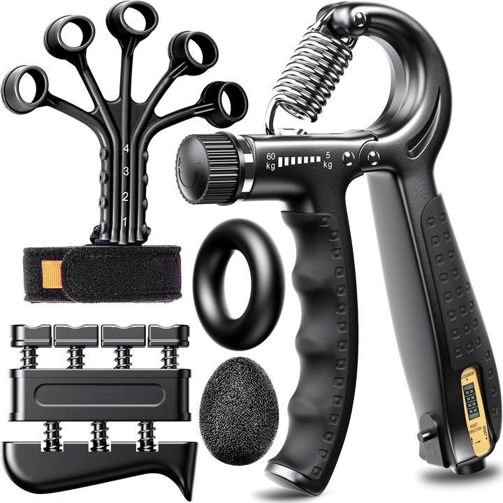 Set extensoare pentru intarirea mainilor MWAOWM, 5 piese, cu numarator electronic, design ergonomic, material siliconic, pentru terapie fizica si antrenament.