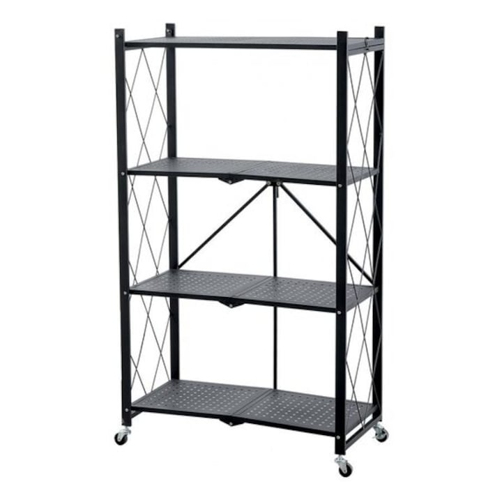 Raft depozitare, metalic, pliabil, pe roti, 4 polite, negru, max 200 kg, 72x34x127 cm