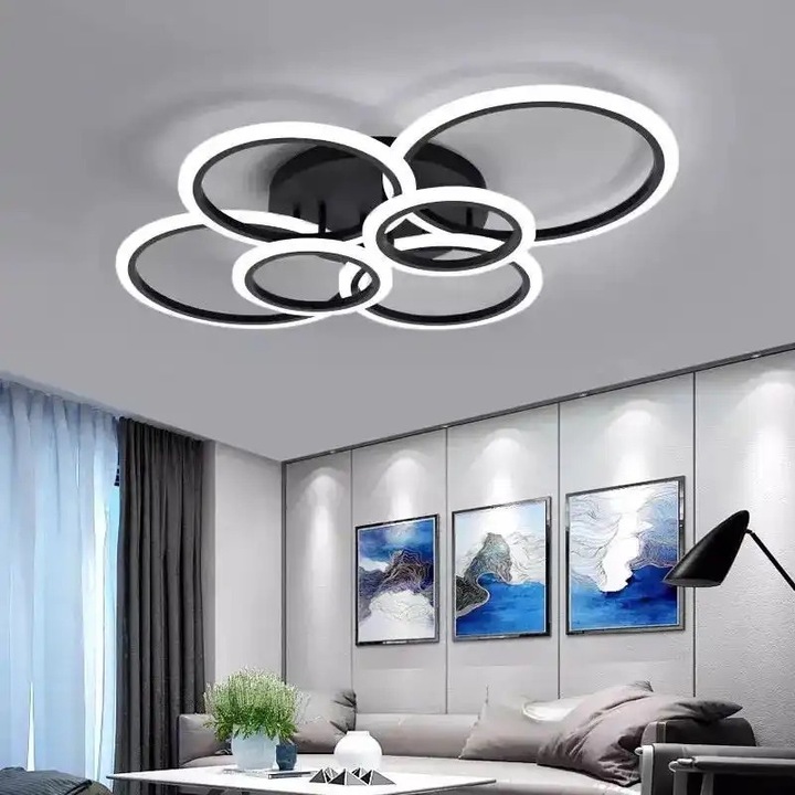 Lustra LED, telecomanda inclusa, neagra, rotunda, 81W, trei tipuri de lumina, calda, neutra si rece, intensitate reglabila, dimensiuni (L, l, h) 80x60x17cm, clasa protectie IP21, montaj tavan