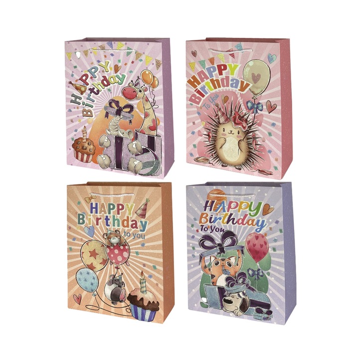 Set 4 pungi cadou multicolor, 44x31x12 cm, animalute, happy birthday