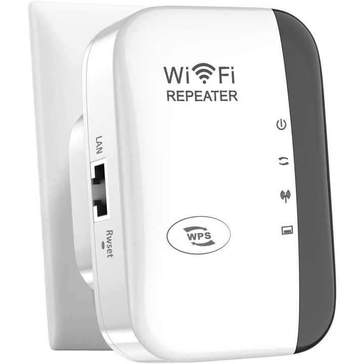Усилвател на Wifi обхват, Hompany®, 2,4 Ghz, 300 Mbps, 10M покритие, WPS функция с RJ-45 LAN порт и интегрирани антени, бял