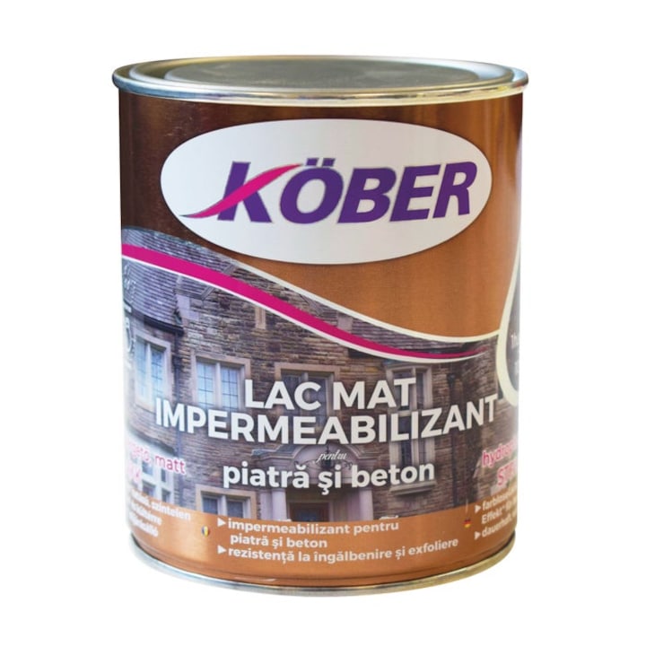 Водоустойчив лак за камък и бетон Kober, интериор/екстериор, прозрачен, 0.75л