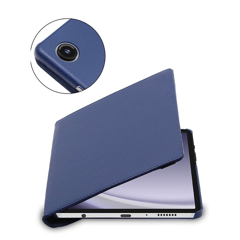 Husa de protectie pentru tableta rotativa 360 de grade, Rqiurpn, Pentru cu Samsung Tab A9 8.7 inch X110/X115, Piele ecologica, Albastru Inchis
