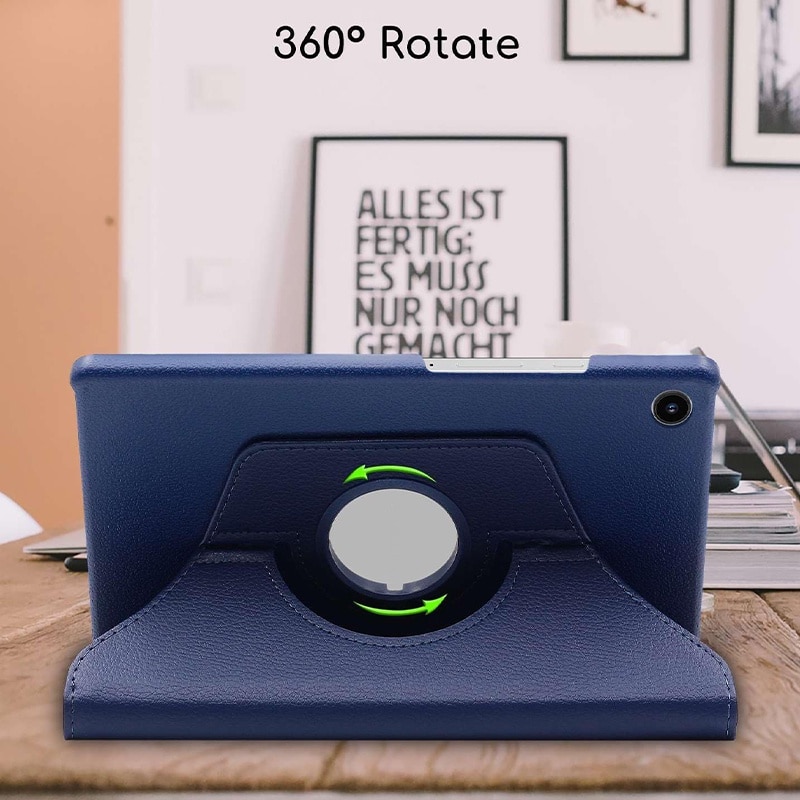 Husa de protectie pentru tableta rotativa 360 de grade, Rqiurpn, Pentru cu Samsung Tab A9 8.7 inch X110/X115, Piele ecologica, Albastru Inchis