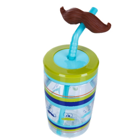 Cana cu pai cu mustata pentru copii - FUNNY STRAW Electric Blue Mustache 470 ml, Contigo