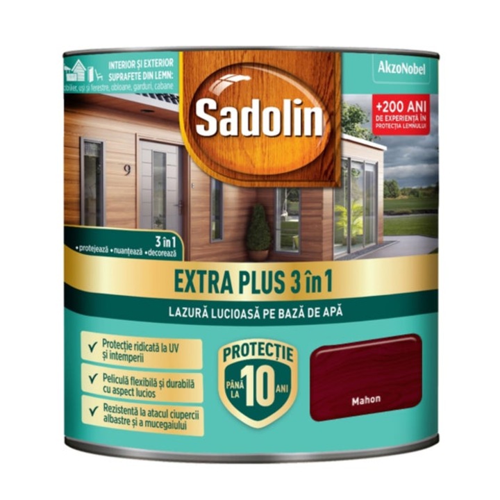 Lazura lucioasa pentru lemn, Sadolin Extra Plus 3 in 1, pe baza de apa, mahon, interior / exterior, 0.75 L