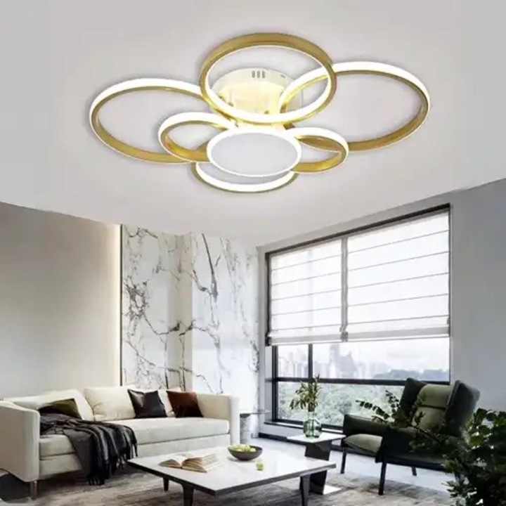 Lustra LED aplicata cu telecomanda, aurie, rotunda, 196W, 3 functii de lumina, calda, naturala si rece, intensitate reglabila, dimensiune 73x60x15cm, IP21, montaj tavan, LDC