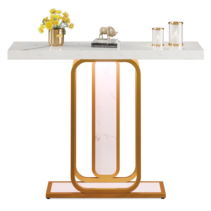 Masuta moderna, Tribesigns, marmura artificiala, baza metalica geometrica, 105*35*80cm, auriec