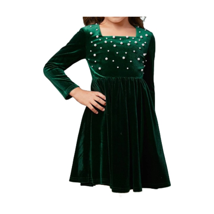 Rochie elegantă din velur verde pentru fetițe Charlotte, cu aplicații din perle – ideală pentru ocazii speciale