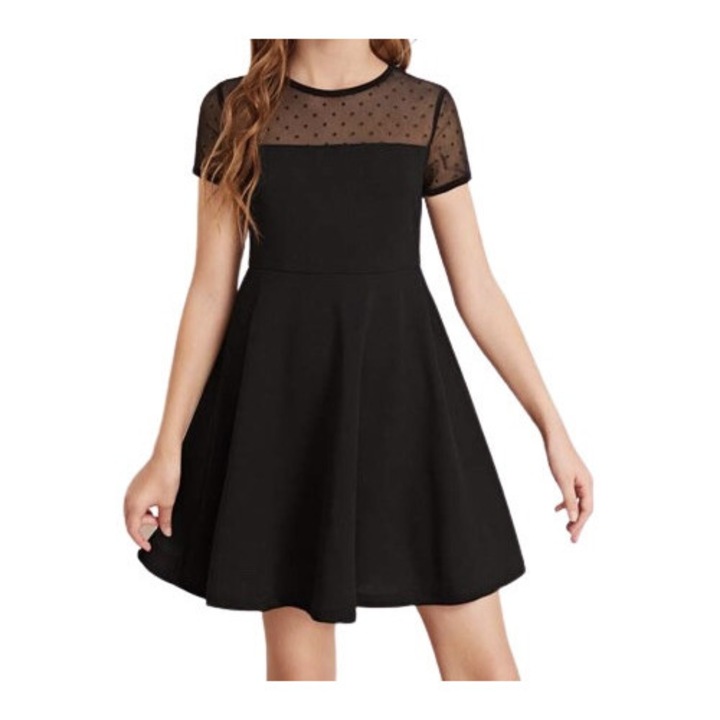 Rochie elegantă pentru fetițe Elly, neagră, cu detalii din tull și buline, ideală pentru evenimente speciale, Negru