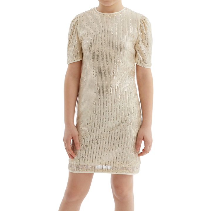 Rochie Elegantă pentru Fete Viola - Aurie, cu Paiete și Mânecuțe Bufante, Confort și Stil pentru Ocazii Speciale, Auriu