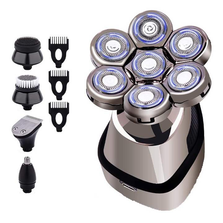 7D elektromos borotva, Rqiurpn, 7 forgó penge, 5 az 1-ben, tartozékok archoz, orrhoz és szakállhoz, IPX6 vízálló, ergonomikus kialakítás, LED kijelző, USB töltés, hordozható, többszínű