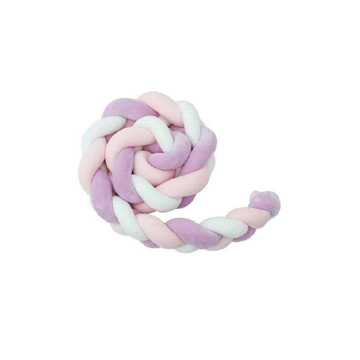 Protectie laterala pentru patut bebe Mixbo, bumper impletit, bumbac, 4 m, roz/mov