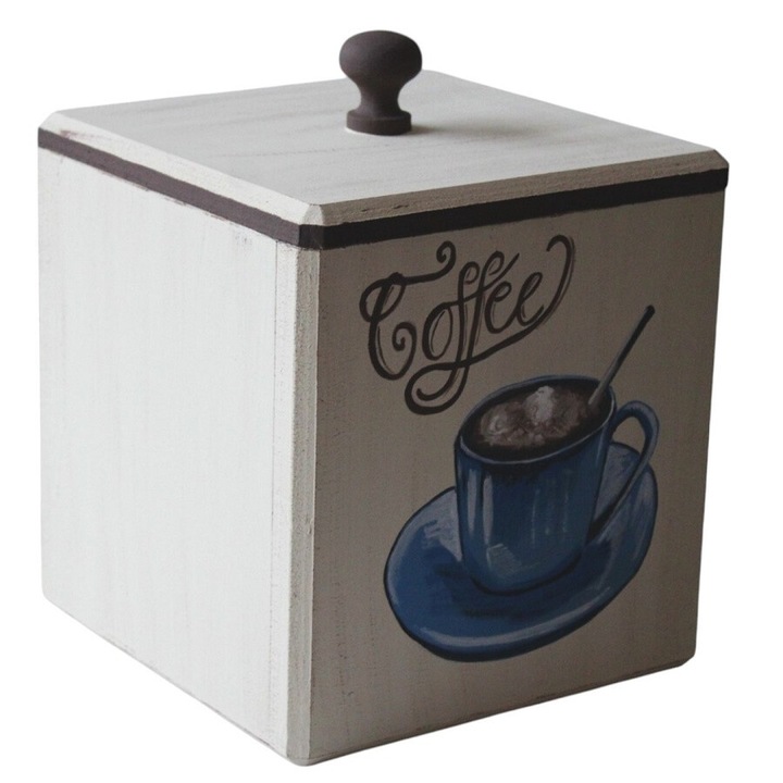 Cutie din lemn pentru depozitare ceai, zahar, pastile cafea, pictata manual, 20 x 20 cm