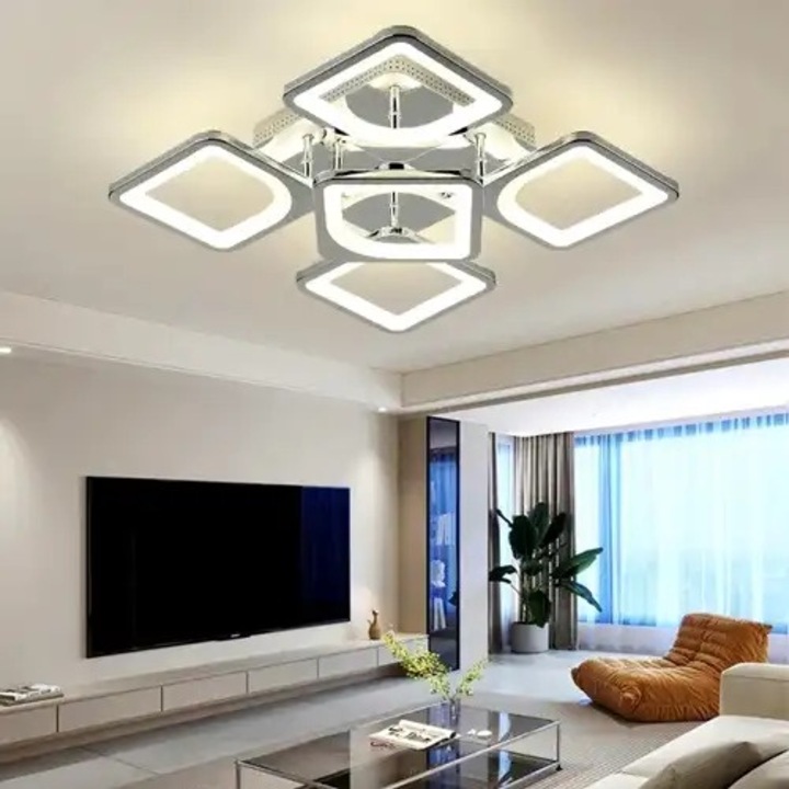 Lustra LED aplicata cu telecomanda, argintie, patrata, 120W, 3 functii de lumina, calda, naturala si rece, intensitate reglabila, dimensiune 40x40x15cm, IP21, montaj tavan, LDC