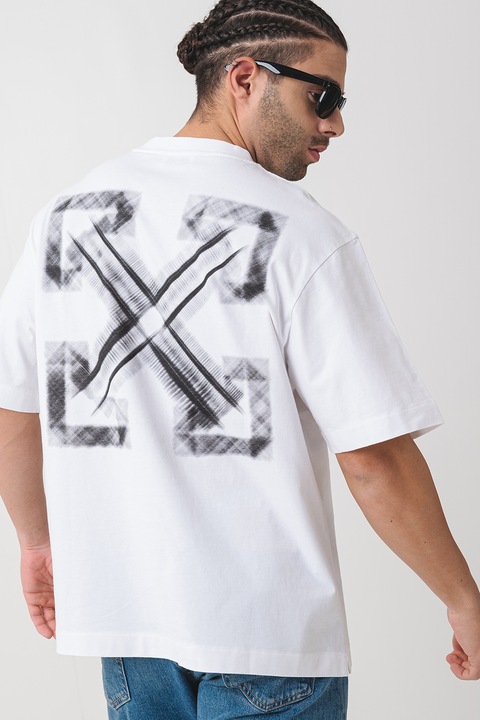 OFF-WHITE, Тениска с овално деколте и лого, Бял/Черен, XS