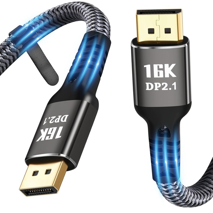 Кабел displayport 2.1, 16K 60Hz, 8K 120Hz, 4K 240Hz, 4K 165Hz, 4K 240 Hz баща-баща, HDR, 3D Dynamic, 1.5M, 40Gbps, DSC 1.2a, черен