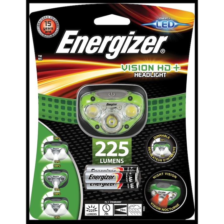 Челно фенерче ENERGIZER, Vision HD+, Включени 3xAAA, 225 лумена, 70 м