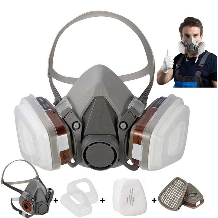 Masca respiratorie, Wacorresi, reutilizabila, reglabila, dublu filtru, antivirus, 3M, incluzand 2 filtre pentru prevenirea particulelor de gaz, vaporilor de vopsea si toxinelor si 2 filtre de bumbac