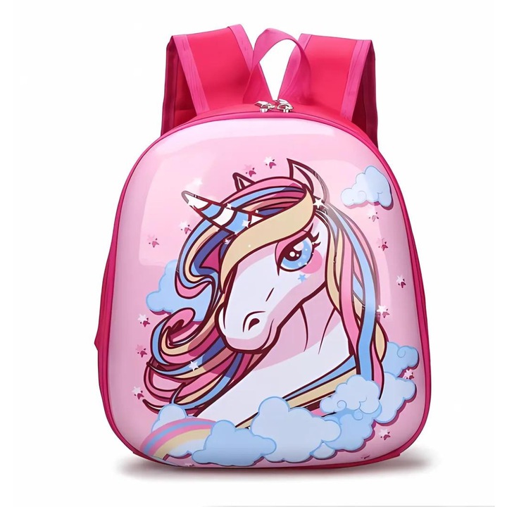 Ghiozdan copii pentru Gradinita - model Unicorn par curcubeu, 30 cm, un compartiment, bretele ajustabile, protectie frontala din plastic dur, Multicolor