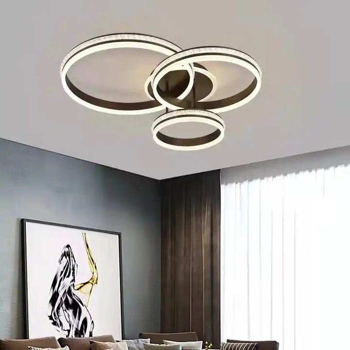 Lustra LED, telecomanda inclusa, maro, rotunda, 296W, trei tipuri de lumina, calda, neutra si rece, intensitate reglabila, dimensiuni (L, l, h) 70x70x20cm, clasa protectie IP21, montaj tavan