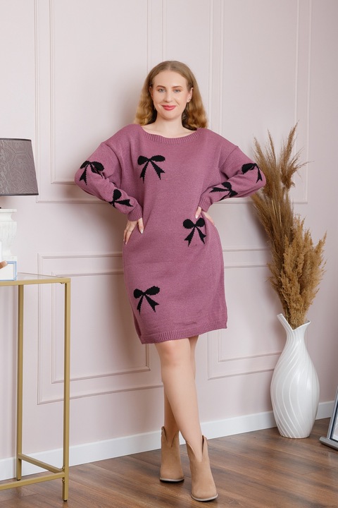 Pulover Bonnie mov tip rochie cu fundite, One Size INTL