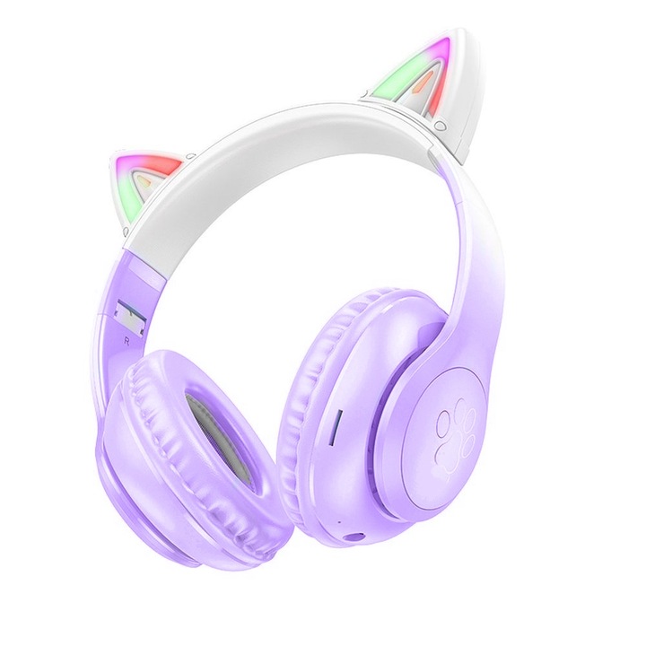 Безжични слушалки LumiKitty Pro, модел с котешки уши, светодиодни светлини, Bluetooth 5.3, AUX, TF карта, свободни ръце, защита на слуха на децата, емоционален баланс, ясен звук, ергономичен дизайн