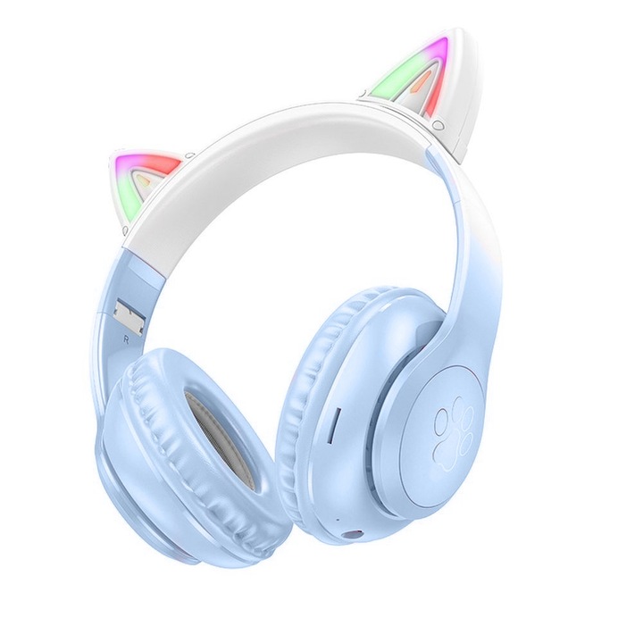 Безжични слушалки LumiKitty Pro, модел котешко ухо, светодиодни светлини, Bluetooth 5.3, AUX, TF карта, свободни ръце, предпазва слуха на децата, емоционален баланс, чист звук, ергономичен дизайн, изживяване без екрани, син