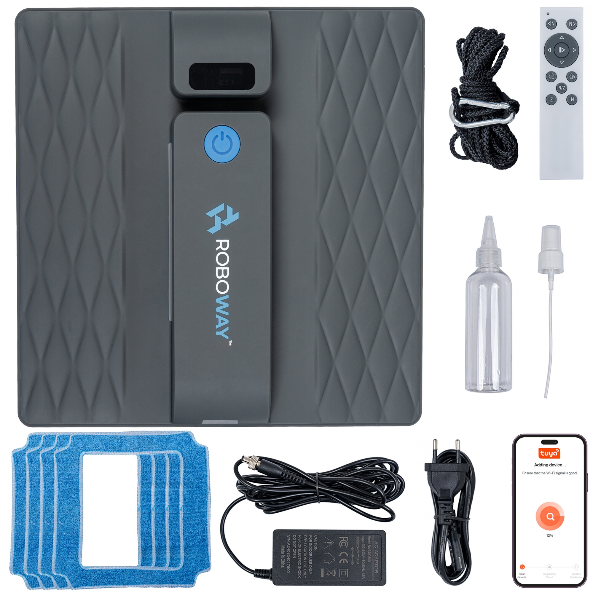 Robot inteligent de curatare a geamurilor Roboway RW-5, 2 pulverizator, 3000pA, Control de la distanta, adaptor de alimentare, Wifi, 3 moduri de curatare, Negru