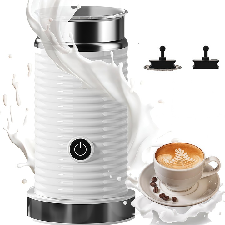 Aparat pentru spumat laptele, Wacorresi, Milky Froth, Spumare Cald si Rece, Ideal pentru Latte, Ciocolata, Cappuccino, Frappe, Functie Incalzire, Keep Warm si Control Temperatura, 240ml, 500W, Alb