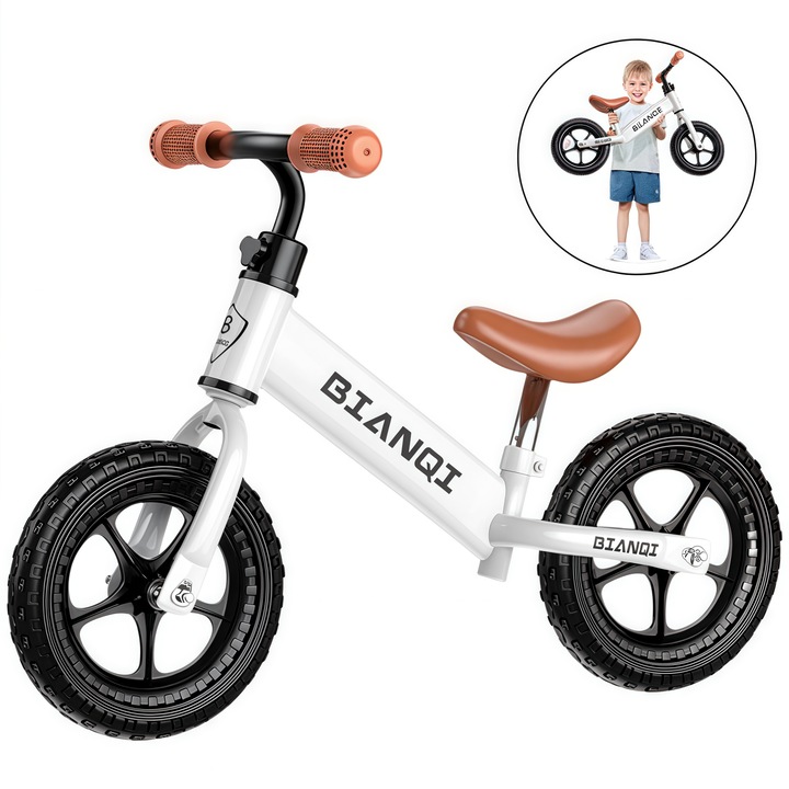Bicicleta fara pedale, Wacorresi, Bicicleta fara pedale pentru copii, Cu scaun moale, ghidon pivotant la 360 de grade, roti pneumatice elastice care absorb socurile, rezistente la uzura antiderapanta, potrivite pentru inaltimea de 80-105cm, 12 inch, Alb