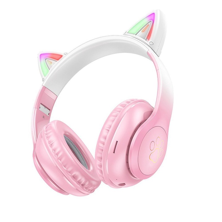 Безжични слушалки LumiKitty Pro, модел Kitty Ear, LED светлини, Bluetooth 5.3, AUX, TF карта, свободни ръце, предпазва слуха на децата, емоционален баланс, чист звук, ергономичен дизайн, изживяване без екран, розово